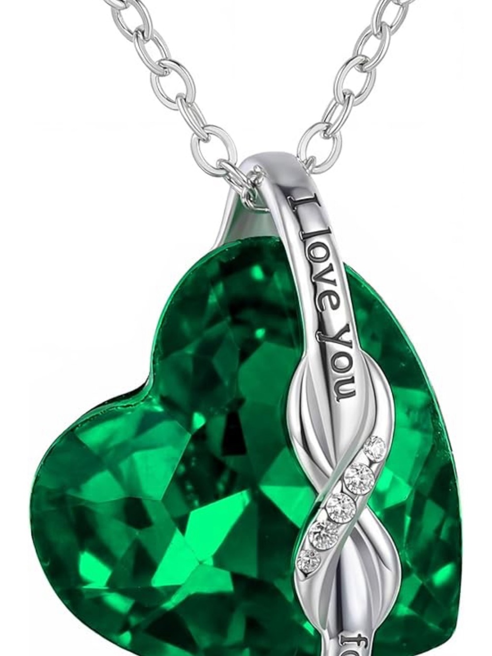 Silver-Tone Necklace with Emerald Green Heart Crystal Pendant